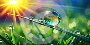 Morning dewdrop reflections on a blade of grass in sunlight. Generative AI