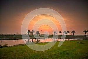 Morning drama sunrise view in Modon lake Dammam Saudi Arabia photo