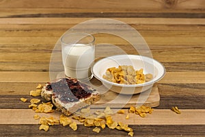 Morning easy breakfast, bread, jam , and cornflakes