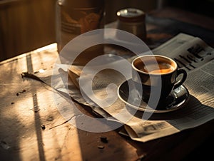 Morning espresso on rustic table with newspaper - generative AI