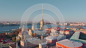 The morning flight over the sights of St. Petersburg and the water area of the Neva river, Peter and Paul fortress, the