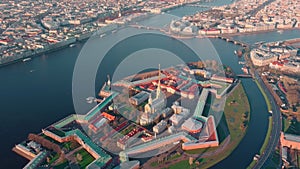 The morning flight over the sights of St. Petersburg and the water area of the Neva river, Peter and Paul fortress, the