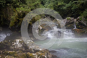 Morning fog above Mountain river in the middle of green forest, stones covered w