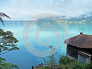 Morning fog and low clouds over Lake Brienz - Canton of Bern, Switzerland / Morgennebel und tiefe Wolken Ã¼ber dem Brienzersee