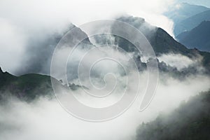 Morning fog in the mountains at sunrise. Clouds over the rocks and trees