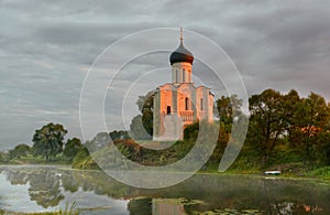 Morning fog over a pond near the temple of the Intercession on Nerli