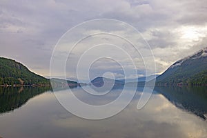 Morning fog in Sproat lake in Vancouver Island, Canada