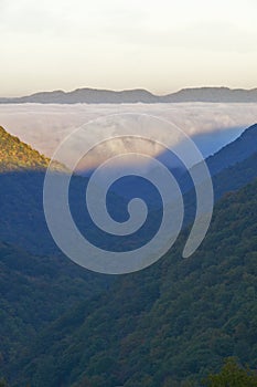 Morning fog at sunrise in autumn mountains of West Virginia in Babcock State Park