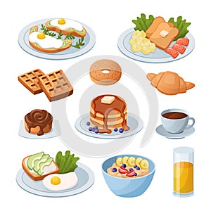 Morning food. Cartoon breakfast meals. Glass of juice and toast with scrambled eggs. Cup full of coffee or bowl of