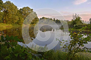 A morning in the forest with a light fog over the river