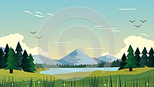 morning forest, meadow cartoon background, nature landscape with the river and the mountains, the morning sunlight