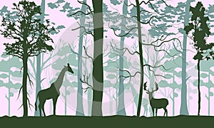 Morning forest silhouette with deer. Natural landscape vector background with forest wildlife view.