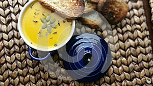 Morning fresh pumpkin soup with bread