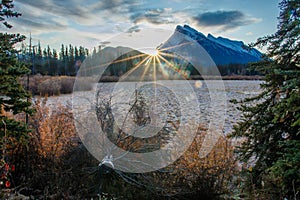 Morning frost on First Vermillion lake in town of Banff, Canada