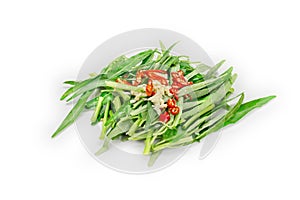 Morning glory with garlic and chili on white background