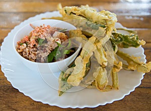 Morning glory tempura with spicy salad sauce.