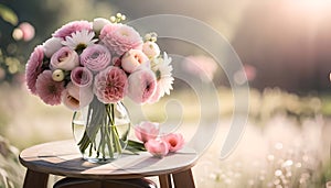 Morning Glow Bouquet, Pink and White Flowers in Glass Vase on Wooden Table with Sunlit Meadow Background