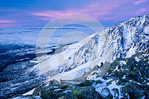 Morning golden hour from top of the Slavkovsky stit peak in High Tatras