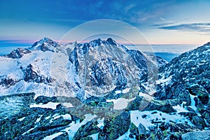 Morning golden hour from top of the Slavkovsky stit peak in High Tatras