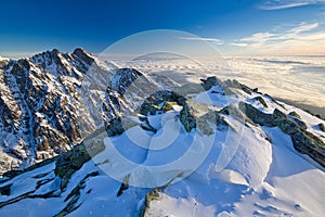 Morning golden hour from top of the Slavkovsky stit peak in High Tatras