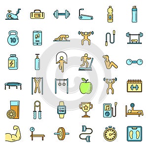 Morning gym time icons set vector color line