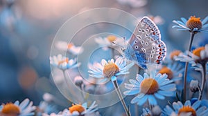 Morning Haze Delight: Close-Up of Wild Chamomile, Purple Wild Peas & Butterfly in Beautiful Landscape with Cool Blue Tones &