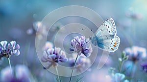 Morning Haze Delight: Close-Up of Wild Chamomile, Purple Wild Peas & Butterfly in Beautiful Landscape with Cool Blue Tones &