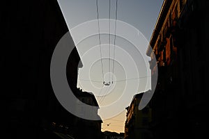 Morning on historical street with buildings and streetlight