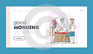 Morning Hygiene Procedure Landing Page Template. Couple in Bathroom front of Mirror Drying Hair and Brushing Teeth