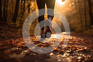 Morning jog on a scenic autumn forest trail