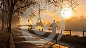 Morning jog by the Seine with a stunning view of the Eiffel Tower. Paris awakens as runners embrace the city's charm