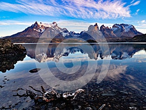 morning at Lago Pehoe lake, Torres del Paine national park photo