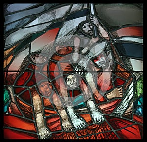 Morning on the lake, Easter, detail of stained glass window in Chapel in the Jesuit cemetery in Pullach, Germany