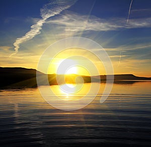 Morning lake landscape with sunrise