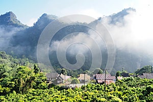 Morning landscape with warm light and mist