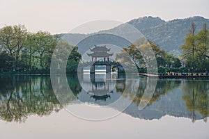 Morning landscapes of The Yudai Bridge in Hangzhou West Lake in a sunny day, Hanghzou, China