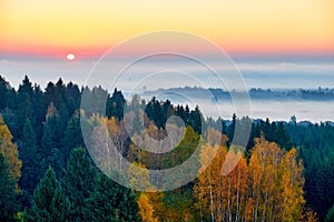 Morning landspace with sun rays. Beautiful landscape with forest and fog.Lithuanian landscape photo