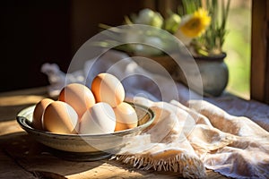 Morning light bathes a bowl of farm-fresh eggs, with soft-focus flowers in a rustic vase by a wooden window