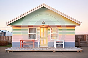morning light on a beach house with pastel stripes