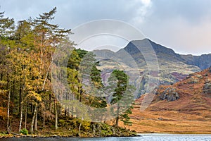 Morning light at Blea Tarn in the English Lake District with views of the Langdale Pikes, and Side Pike during autumn