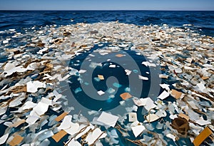 Floating garbage patch drifting across vast ocean waters.AI Generated