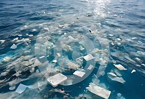 Floating garbage patch drifting across vast ocean waters.AI Generated