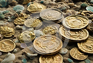 Ancient metal coins scattered across the ocean floor.AI Generated