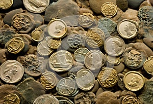 Ancient metal coins scattered across the ocean floor.AI Generated
