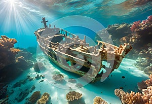 Ancient shipwreck resting silently on the ocean floor.AI Generated