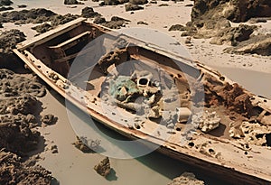 Ancient shipwreck resting silently on the ocean floor.AI Generated