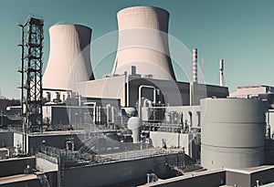 Nuclear power plant producing energy with towering reactors.AI Generated