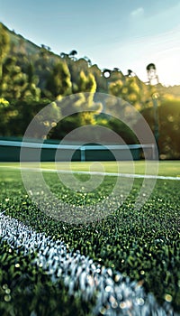 Morning light on freshly mown grass tennis court close up at tennis club tournament