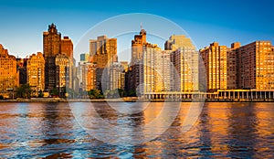 Morning light on the Manhattan skyline, seen from Roosevelt Island, New York.