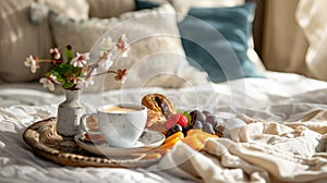 Morning light pours over a cozy breakfast in bed setting with a pastry, fresh fruit, coffee, and flowers on a white
